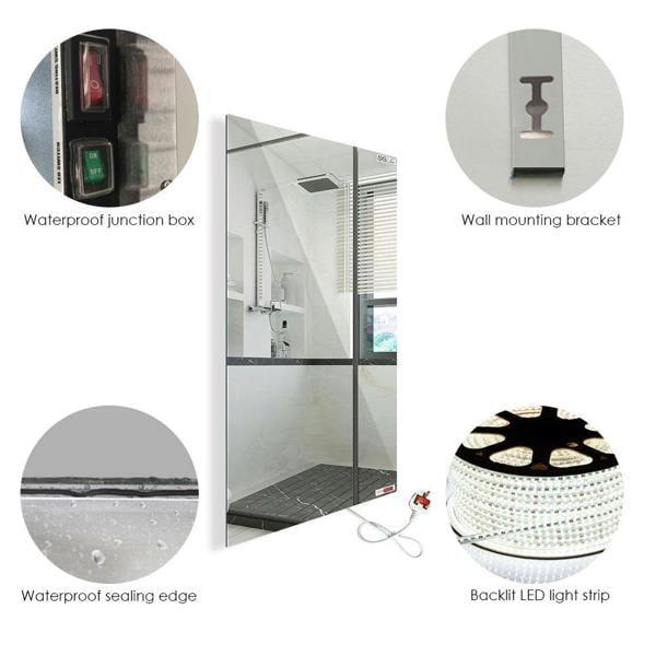 ENER-J 450W Bathroom Mirror Infrared Heater & CCT Changing with Dimmable LED Lights, 600x800 MM, Plug & Play