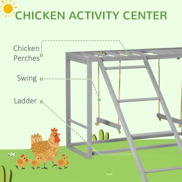 Grey chicken play center with ladder, swing, and perch bars, feature diagram view