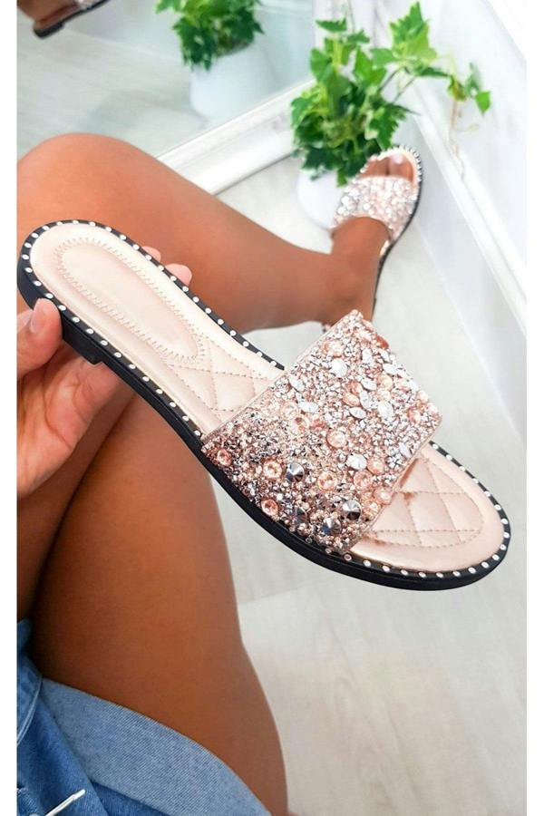 Sofie Embellished Slip On Sandals - Champagne