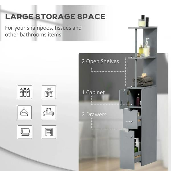 Grey bathroom storage cabinet design with two open shelves and two drawers.