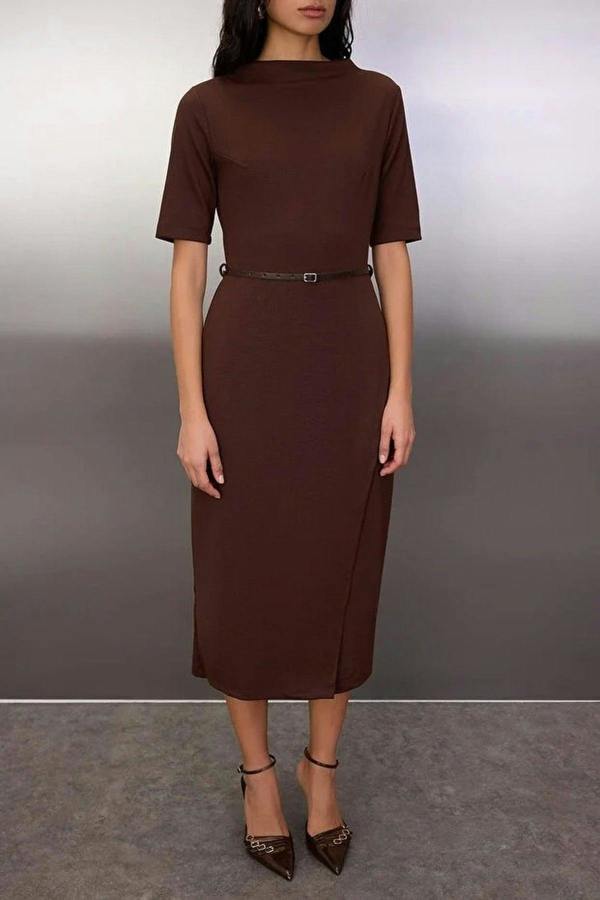 WOVCOR Midi Belted Truvakar Sleeve Knitted Dress