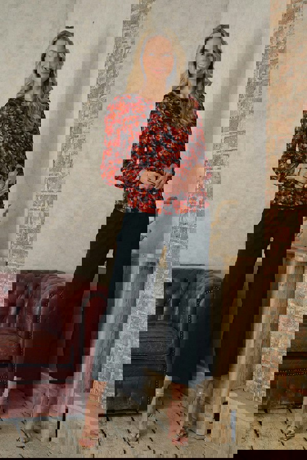 Orange | Printed Semi Sheer Long Sleeve Blouse : Model is 5'10"/178 cm and wears UK10/EU38/US6/AUS10
