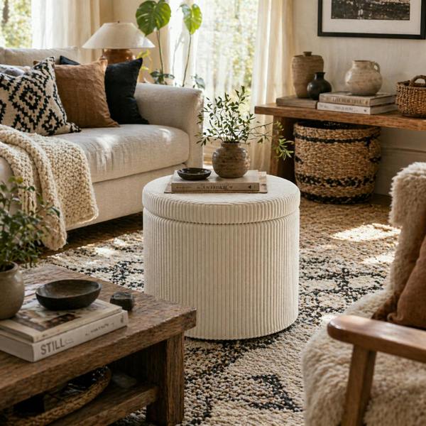 Wyld Haus Rokael Round Beige Corduroy Storage Footstool With Removable Lid