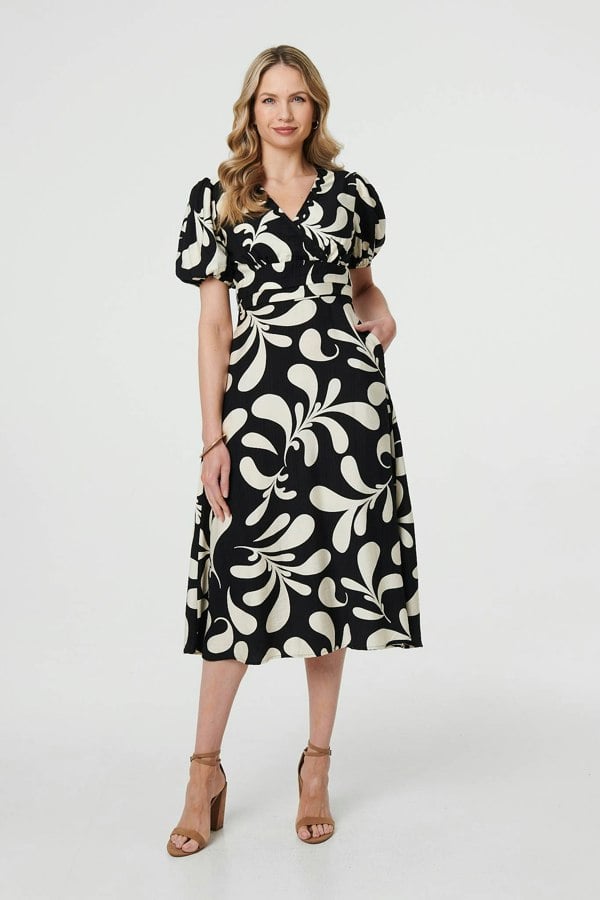Black | Leaf Print Puff Sleeve Wrap Midi Dress
