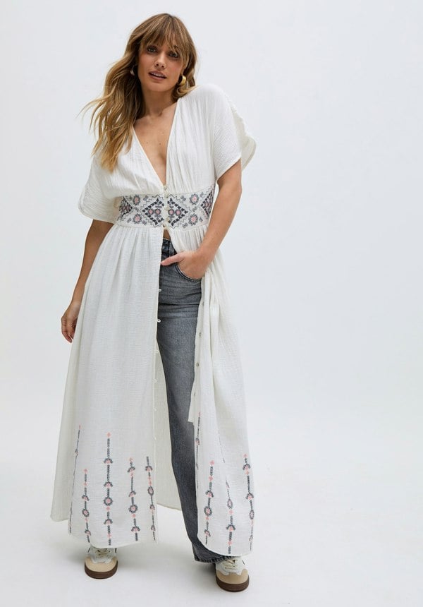 Sally Ann Button Down Embroidery Maxi Dress In White