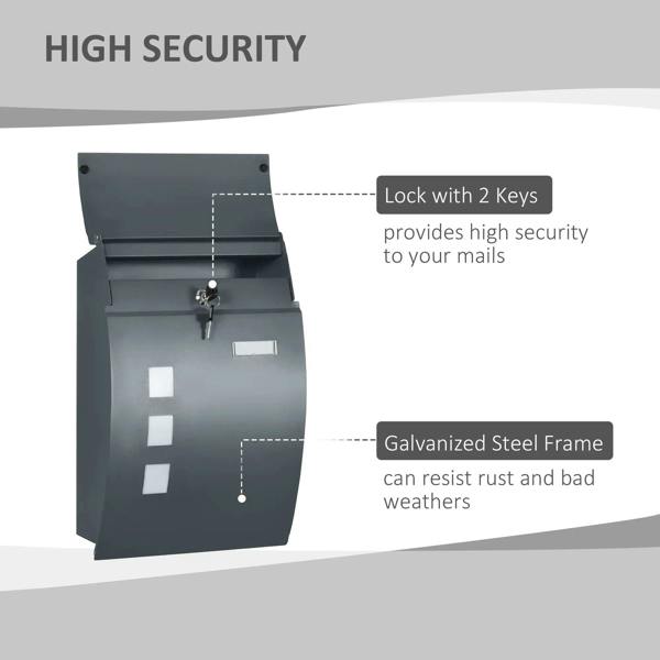 Anthracite gray wall mailbox opened to show lock and galvanized steel frame base