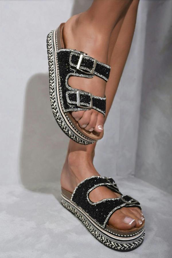 Remy Embellished Stone Double Buckle Platform Sandals - Black