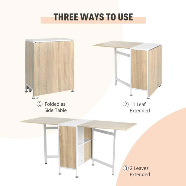 Drop-leaf table in three configurations: folded side table and extended leaf positions
