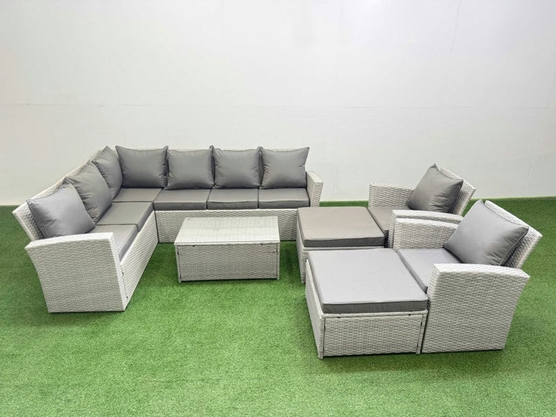 Fimous 10 Seater Garden Outdoor PE Rattan Furniture Set Rattan Garden Sofa Set with 2 Big Footstools 2 Chair Light Grey Mixed
