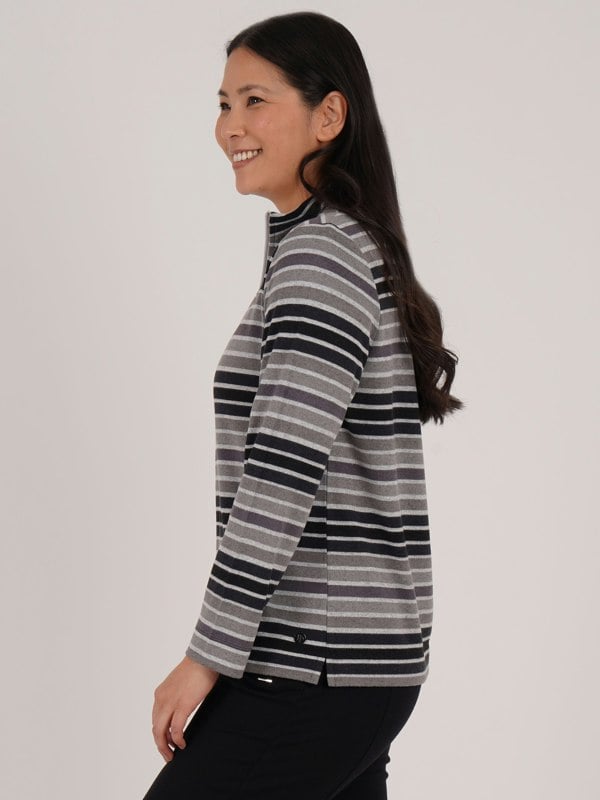 PennyPlain Striped Zip Funnel Neck- Black
