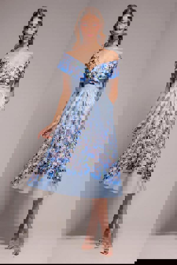 Bardot Floral Print A-Line Scuba Foam Midi Dress - Blue DR4228