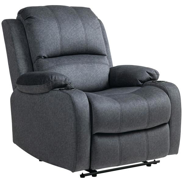 Dark microfibre reclining armchair with footrest, padded arms and cushioned seat