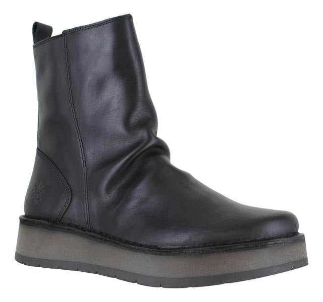 Fly London RENO Womens Side Zip Chelsea Dealer Mid Ankle Boots, black leather ankle boots with side zipper and thick grey sole.