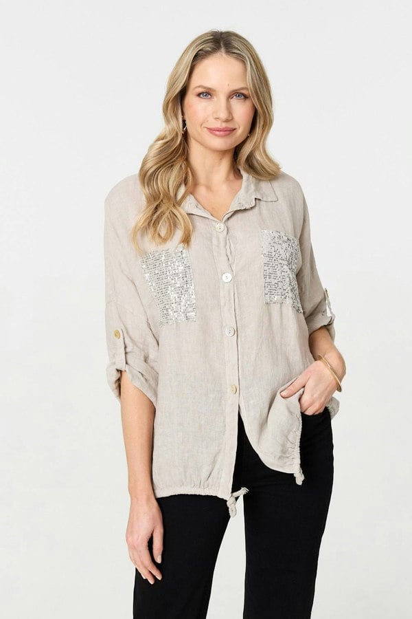 Beige | Sequin Detail 3/4 Turn-Up Sleeve Shirt
