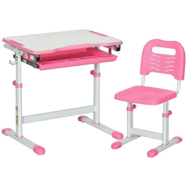 Pink kids adjustable writing desk with drawer, pen slot, and matching chair