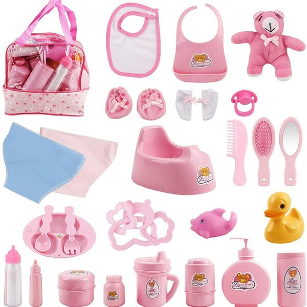 deAO Toys 28 Piece Baby Doll Accessories Bag Baby Feeding Accessories Clothes - pink - 3+ - doll accessories