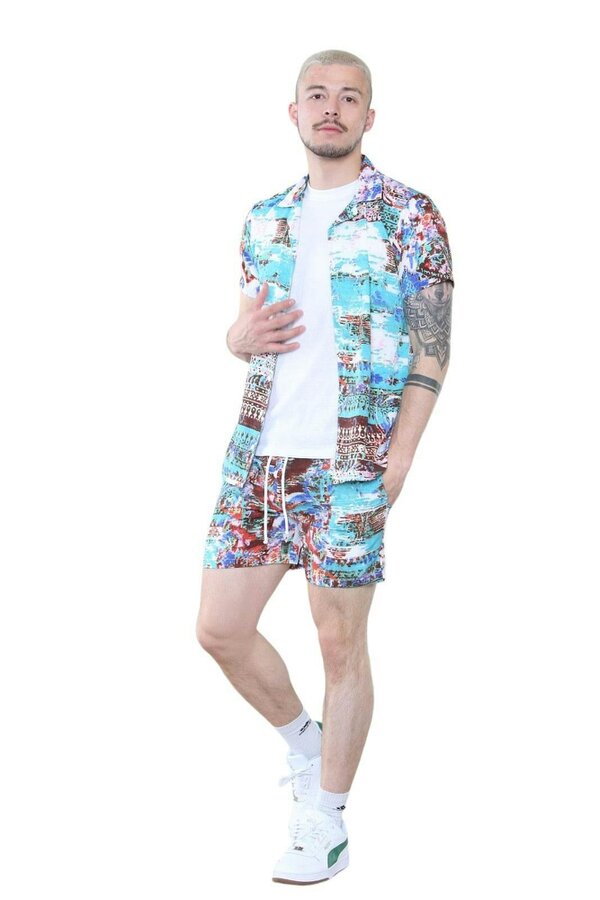 Men's Vibrant Abstract Print Shirt and Shorts Set