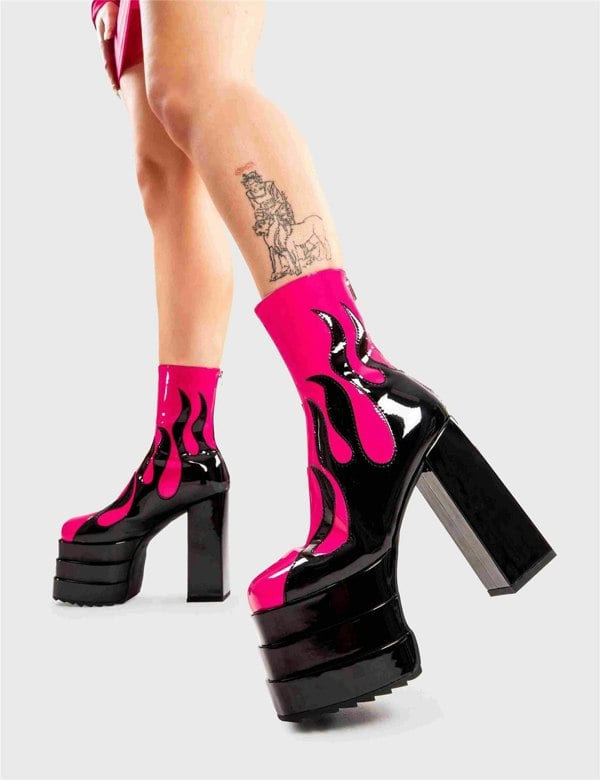 Lamoda Ankle Boots Reborn Round Toe Platform Zip Fuchsia PU/Flame, Trendy