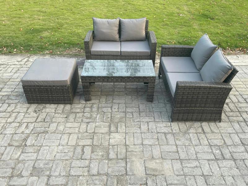 Fimous 4 Pieces Garden Set, Poly Rattan Outdoor Patio Furniture, PE Wicker, Big Footstool, Loveseat and Table, Dark Grey Mixed
