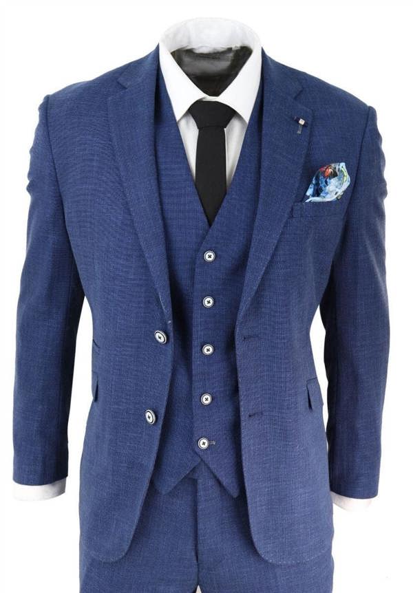 House of Cavani Mens 3 Piece Blue Linen Summer Spring Classic Suit