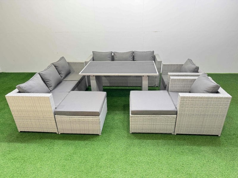 Fimous 10 Seater Wicker PE Rattan Furniture Outdoor Dining Table 3 Seater Sofa Armchair Set with 2 Big Stools Light Grey