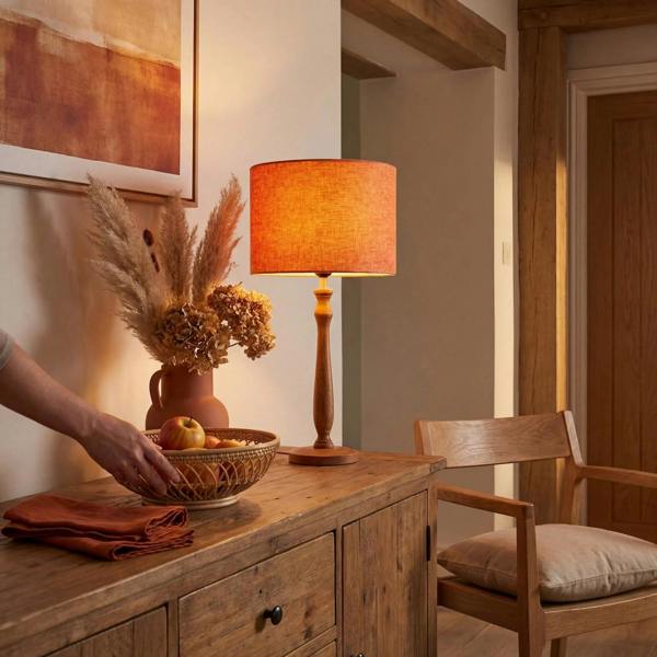 Contemporary and Sleek Orange Natural Linen Fabric Drum Lamp Shade Image 6