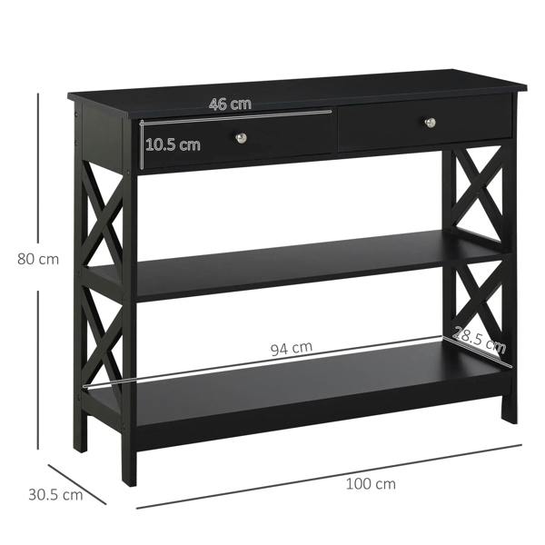Black console table side desk with two drawers and open shelves, X-frame supports