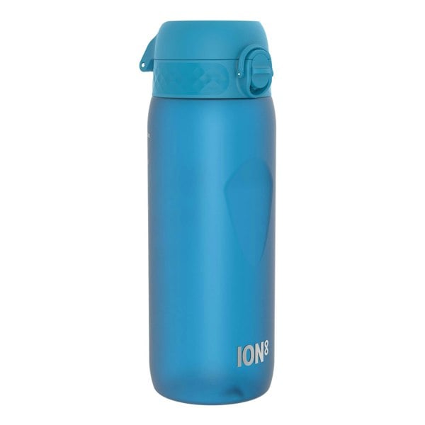 A blue plastic water bottle stands upright against a white background. The bottle has a screw-on lid with a carrying loop and the logo ION8 is visible near the base.