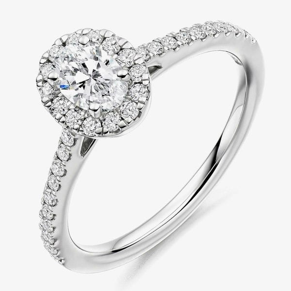 T. H. Baker Platinum Diamond-Shoulder Oval-Cut Halo Engagement Ring (L) ENG4013