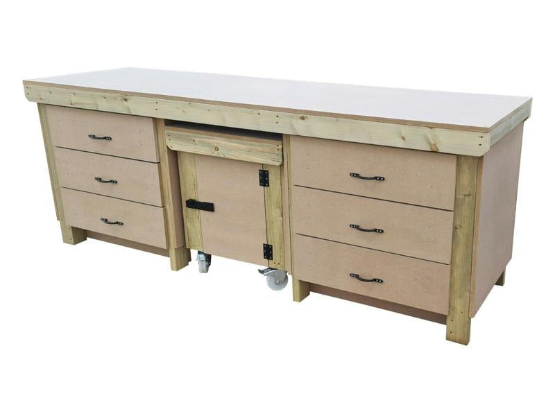 Wooden MDF Top Workbench (V.5) – Sturdy Workstation with Drawers and Functional Lockable Cupboard, Ideal for Garages, Workshops, and Studios.