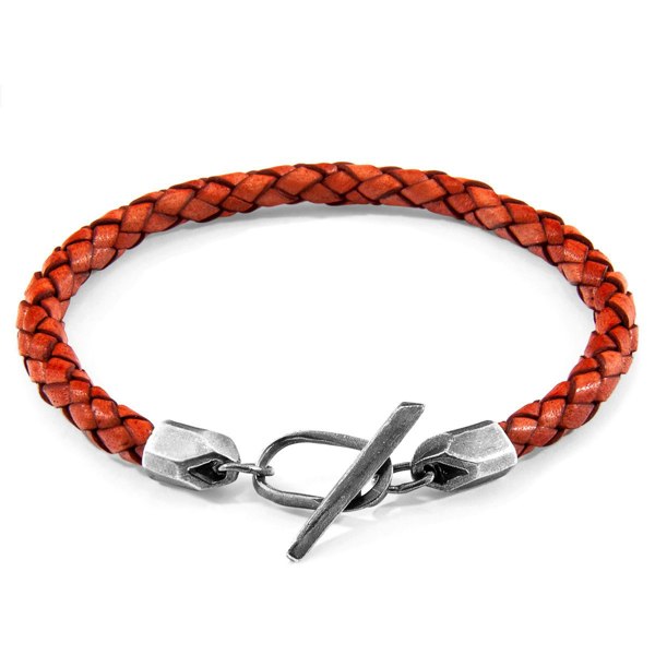 Anchor & Crew Amber Red Jura Silver and Braided Leather Bracelet