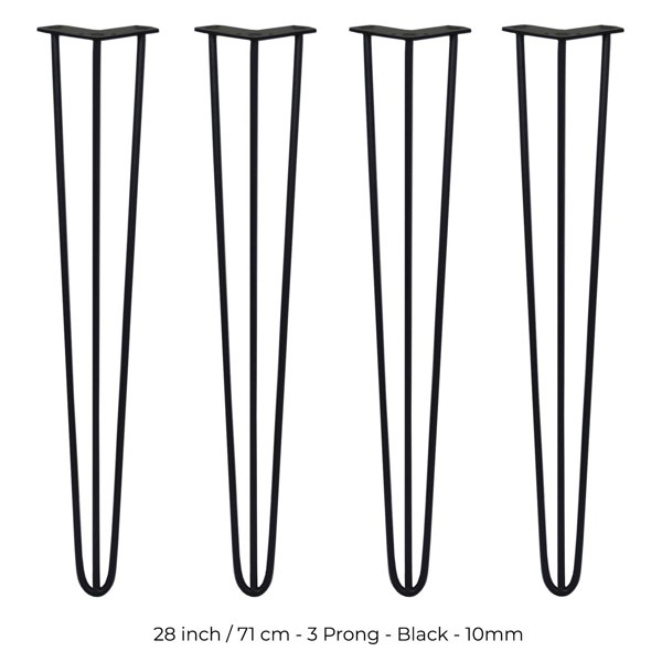 SkiSki 4 x 28" Hairpin Legs - 3 Prong - 10mm - Black