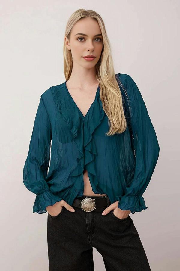 WOVCOR Wrinkled-Look Chiffon Transparent Shirt