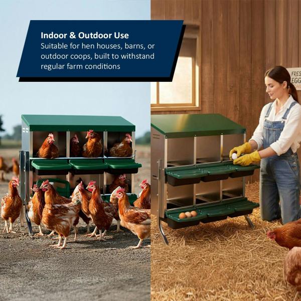Split image of a chicken nest showing hens nesting outdoors and a woman collecting eggs indoors in a barn. Text highlights “Indoor & Outdoor Use.”
