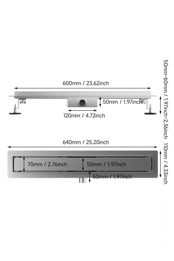 Living and Home 60cm Stainless Steel 2-in-1 Siphonic Linear Insert Shower Drain- Adjustable Height & Slope, Removable Cover, Filter & Siphon
