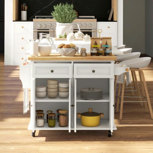 Wyld Haus Vivali Rubberwood And Wooden Cream White Rolling Kitchen Island With Drawers And Storage
