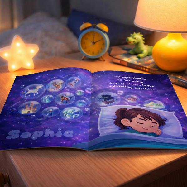 An open Personalised Starlight Hero Story Book for Girls from Abode Home & Gifts resting on a wooden bedside table under the warm light of a table lamp, showing custom text with the name Sophia and illustrations of a sleeping girl dreaming of magical bubbles containing a unicorn, dragon, and castle.