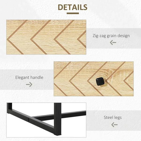 Zig-zag grain pattern on natural dresser front with black handles and steel legs.