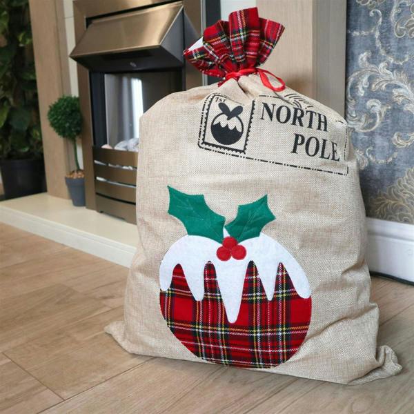 50x70cm Christmas Pudding Print Large Deep Gift Sack with Blank DIY Side image 1