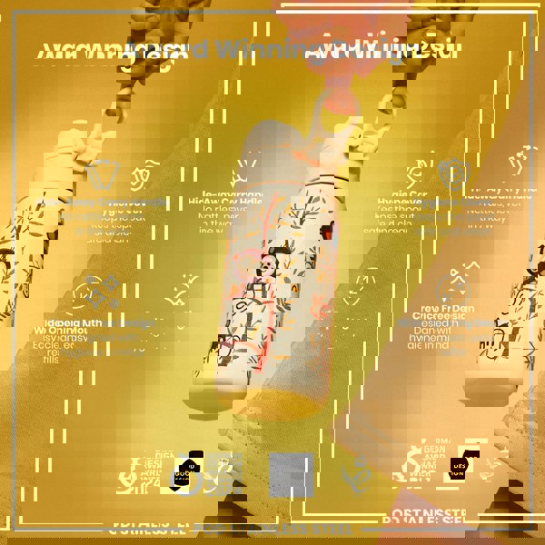 A child's stainless steel water bottle, with a cartoon monkey design, is being held; against a yellow background, various product features are highlighted.