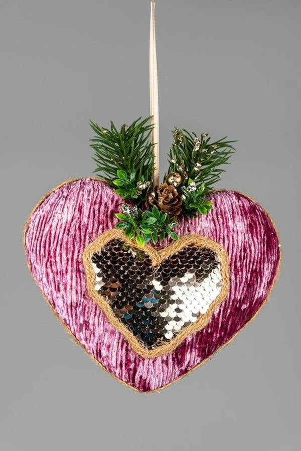 16.5cm Pink Burgundy Heart Christmas Hanging Decorations, Glitter Finish, Set of 3 image 1