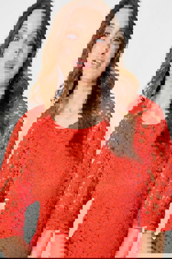 Coral | Floral Lace 3/4 Sleeve Relaxed Blouse
