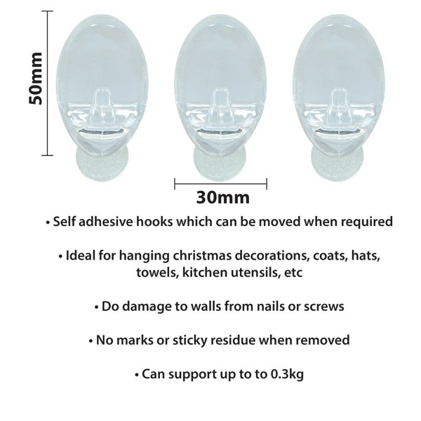 St Helens Self Adhesive Reusable Oval Shaped Plastic Hooks (Pack of 3)