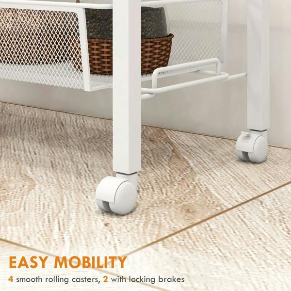 White 3-tier cart on rolling casters with steel wire baskets and a lower side basket.