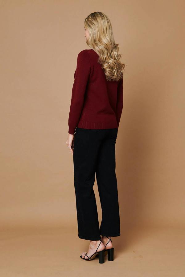 Red | Pearl Detail Textured Long Sleeve Top