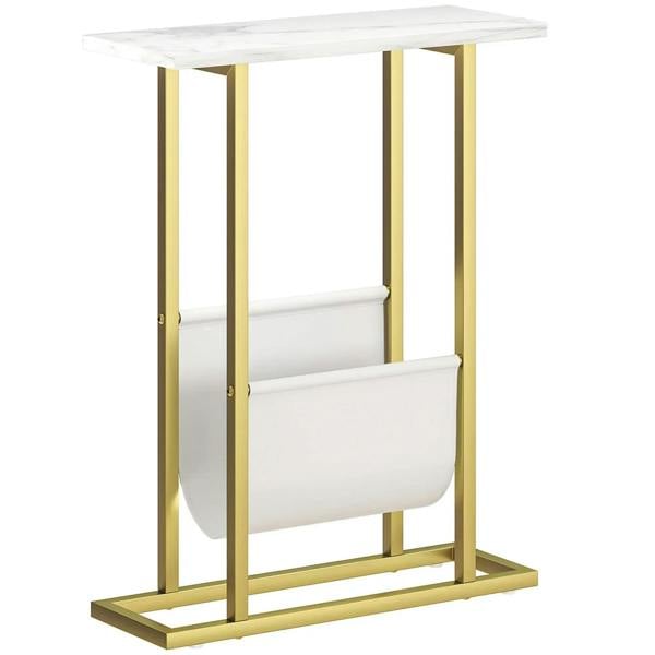 White marble-grain narrow side table with gold frame and built-in magazine holder