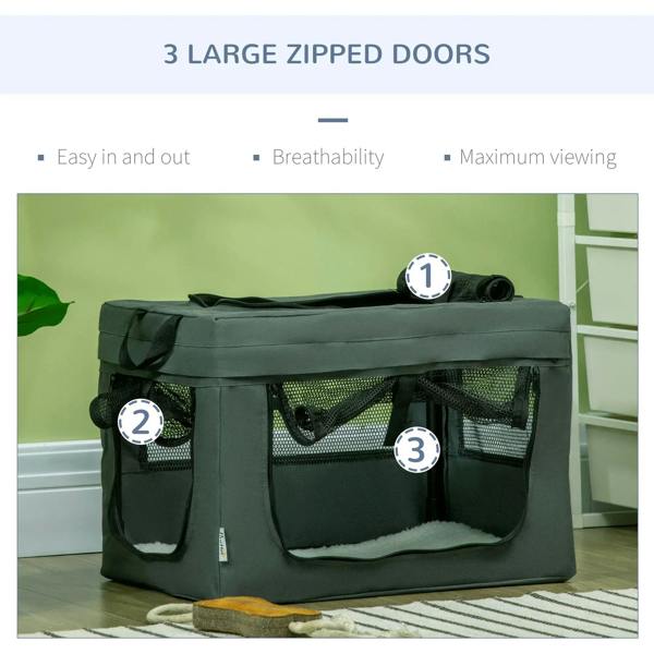 Grey pet carrier with cushion featuring three large zippered mesh doors