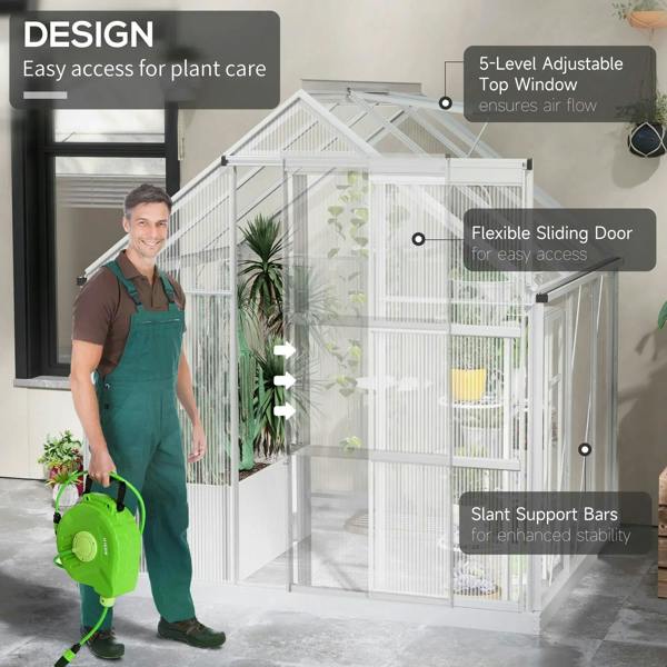 Walk-in greenhouse with flexible sliding door and top window, aluminium frame, clear panels