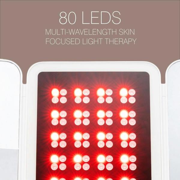 A close-up of the Rio Radiance Light Therapy Panel shows 80 illuminated LEDs in rows. Text above reads: Rio Radiance Light Therapy Panel—80 LEDs Multi-Wavelength for radiant skin, on a beige background.
