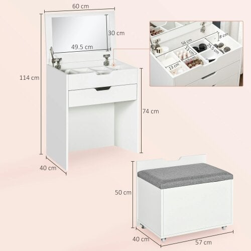 Wyld Haus Nohadi White Dressing Table With Flip Up Mirror Hidden Storage Compartments And Drawer Unit